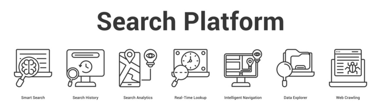 Search Platform web banner icon set vector illustration concept for business with icon of Smart Search, Search History, Search Analytics, Real-Time Lookup, Intelligent Navigation, Data Explor.