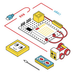 Isometric robotics kit with electronic circuit board microcontroller and small programmable robot car for education and engineering learning