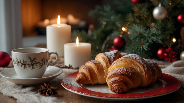Festive holiday still life showing warm lit candles, fresh croissants, and green pine branches with Christmas decorations on a dark table.