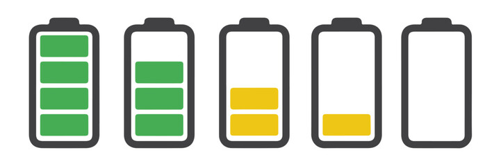 Battery level icon set with charging indicators. Concept of power status, energy capacity and portable device battery monitoring for smartphones, laptops, electronics and digital power management. © mdbhraju76