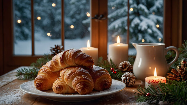 Cozy winter breakfast layout featuring fresh golden croissants and burning candles on a table in front of a snowy window view.