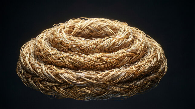 Abstract rings fiber texture golden braided torus shapes arranged in concentric circles against a dark background for modern design
