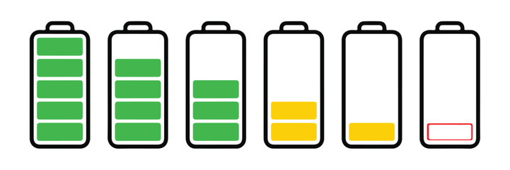 Battery level icon set with charging indicators. Concept of power status, energy capacity and portable device battery monitoring for smartphones, laptops, electronics and digital power management. © mdbhraju76