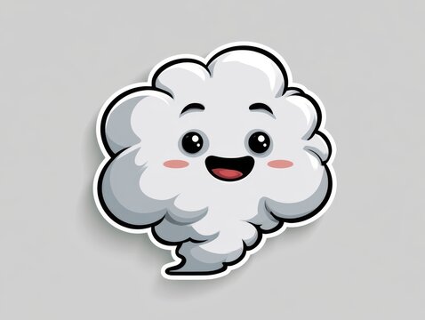 Cute cartoon-style happy smoke cloud sticker design, smiling expressive cloud character, soft rounded shapes, playful vibe, isolated on transparent or white background, vector illustration style.