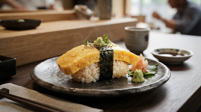 Tamago sushi sweet egg omelet on a dark ceramic plate. Traditional Japanese sushi with wasabi and ginger on a wooden counter
