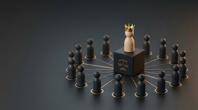 Ethical leadership and legal compliance represented by crowned wooden peg on justice scale block among network of followers