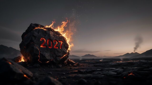 Fiery asteroid or meteor crashing into a dark volcanic landscape at dusk