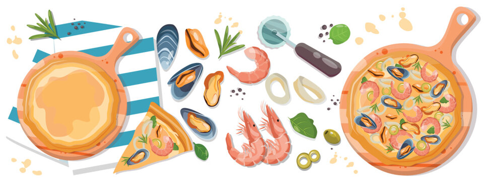 seafood Pizza shrimp and mussels Mediterranean recipe constructor illustration dough base with sauce topped food ingredients for menu design book recipes cooking class Italian cafe pizzeria menu