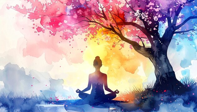 Watercolor painting of a person meditating under a colorful tree
