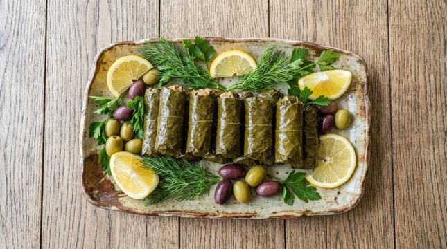Top view of traditional stuffed grape leaves on a rustic platter. Mediterranean dolmas garnished with lemon slices and olives on a wooden table. Flat lay composition
