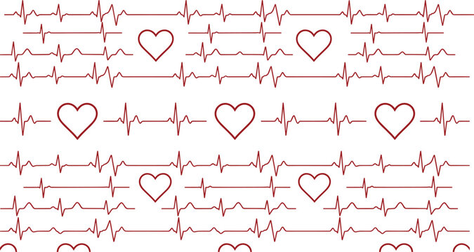 Seamless pattern with red heart pulse lines and medical ECG EKG heartbeat wave vector illustration background