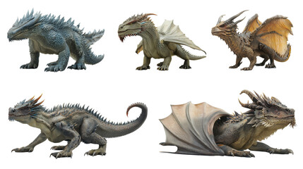 Fototapeta premium Realistic dragon creature set isolated on transparent background