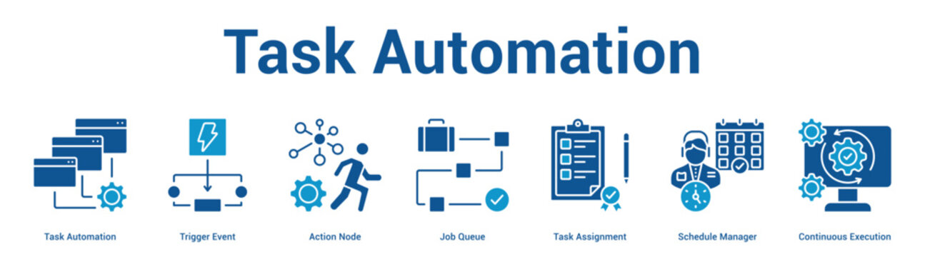 Task Automation web banner icon set vector illustration concept for business with icon of Task Automation, Trigger Event, Action Node, Job Queue, Task Assignment, Schedule Manag.