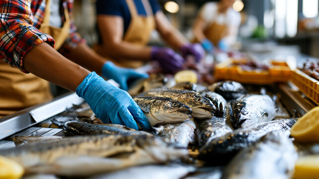 Top view of workers sorting fish by size on a conveyor in an industrial seafood processing plant with gloves and aprons