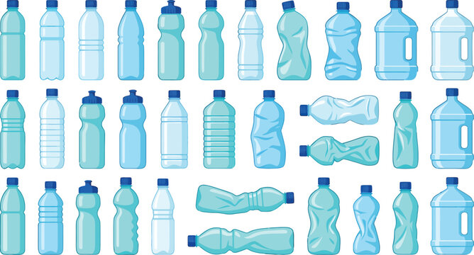Collection of various plastic water bottles including empty crushed and full containers in flat vector style