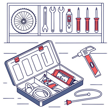 Open tool box with construction equipment and repair tools on a shelf in a workshop