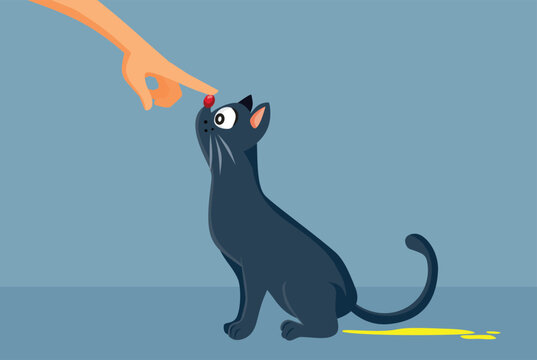 Angry Pet Owner Scolding Cat For Peeing On Carpet Illustration. Unhappy person strictly scolds a guilty kitty  for peeing directly onto the living room carpet 