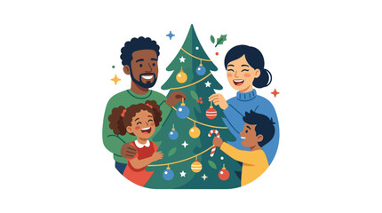 Fototapeta premium Diverse family happily decorating a christmas tree together