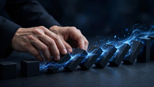 Hands guide domino blocks with blue energy, showing strategy execution, risk control and chain reaction in business action.