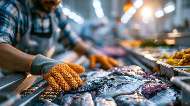 Hygienic seafood fish processing plant interior with a worker wearing protective gloves and apron sorting fresh fish on a stainless steel conveyor industrial setting
