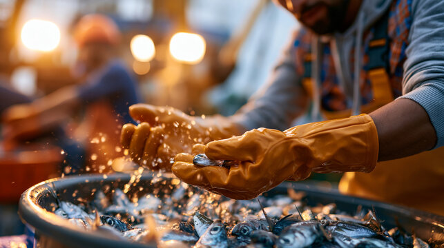 Crew in waterproof gloves sorting fish right after trawl net unloading on an industrial ship deck with safety gear