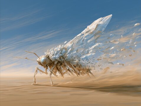 Desert mirage forming giant mechanical insect made of salt crystals, partially dissolving into wind, glowing core, anime sci-fi fantasy blend style. 