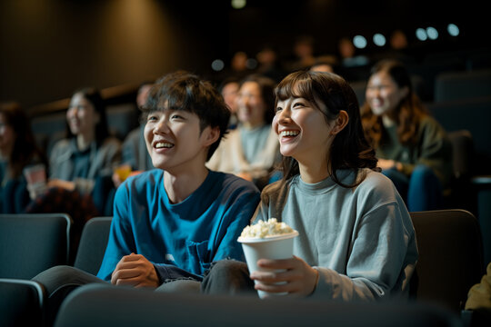 映画館でポップコーンを食べながら笑顔で映画を鑑賞するカップル（デート・映画・エンタメ）