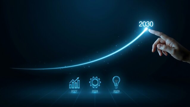Hand pointing at futuristic growth curve reaching 2030 with icons