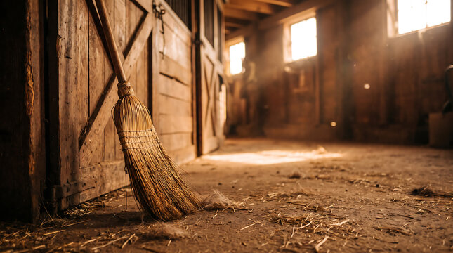 Rustic wooden barn interior with sunlight streaming through windows, dust particles glowing in warm light, straw broom and scattered hay creating nostalgic peaceful atmosphere