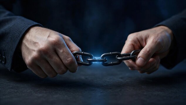 Hands grip a broken handcuff, symbolizing value chain analysis, constraint removal, process improvement, and business efficiency.