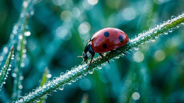 Macro photograph of vibrant seven spotted ladybug crawling on wet grass blade covered in morning dew drops against soft bokeh background during tranquil spring day