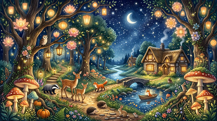 Obraz premium Magical moonlit forest with glowing lanterns. Enchanted woodland scene with cozy cottage.