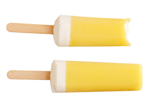 Ice cream on a stick with a bite mark isolated on a white background. Ice cream or fruit ice isolated on a white background.