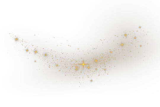 The dust sparks and golden stars shine with special light. Vector sparkles on a transparent background. Christmas