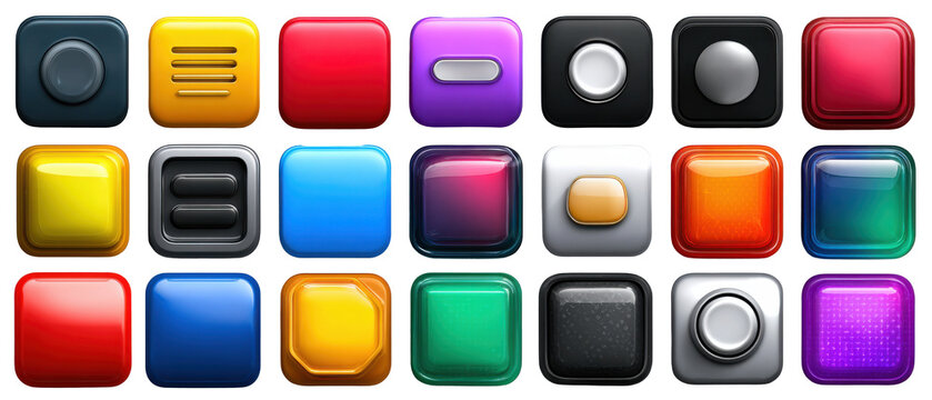 Glossy 3D interface button pack multicolored glass icons isolated transparent background