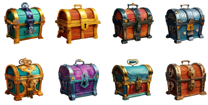 Fantasy treasure chest set isolated on transparent background game asset