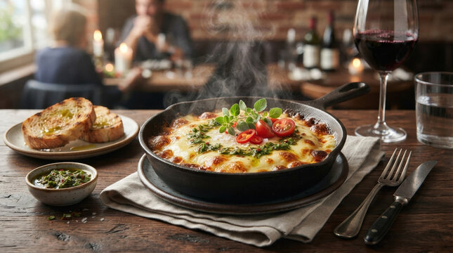 Steaming Argentine Provoleta cheese in a cast iron skillet. Melted provolone with chimichurri and toasted bread in a restaurant