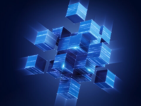 AI systems, Big Data, cloud storage, abstract technology, blockkchain concept. Abstract geometric blocks assembled into a single structure.