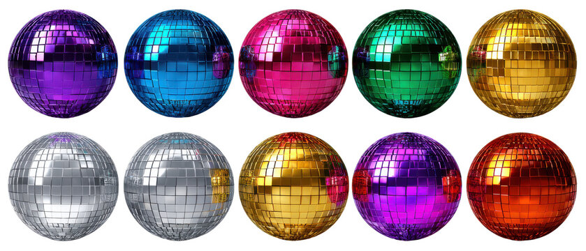 Disco ball collection set with various metallic textures transparent background