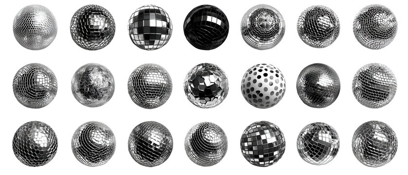 Disco ball collection set with various metallic textures transparent background