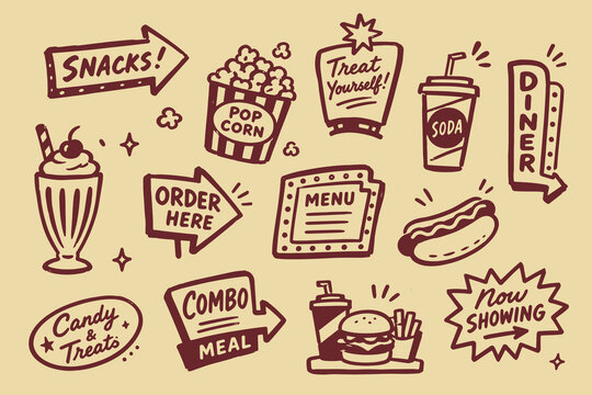 Retro Diner Food Signs Doodle Vector Set Illustration