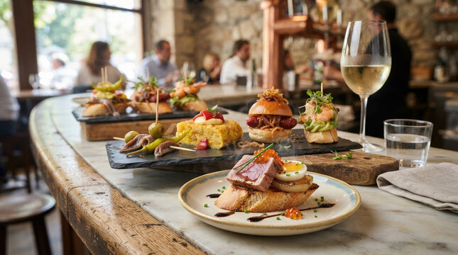 Spanish pintxos tapas selection on a marble bar counter. Seared tuna with egg and caviar appetizer served with white wine in a restaurant