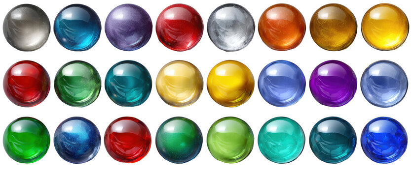 Colorful glossy glass spheres collection set with liquid textures transparent background