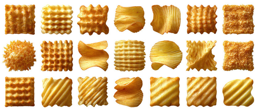 Assorted ridged potato crisps in a geometric grid isolated on transparent background