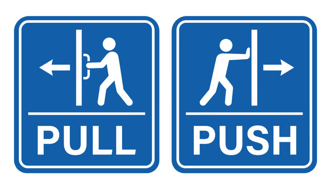 Minimalist vector graphic illustration showing blue rectangular push and pull door signs with white icons