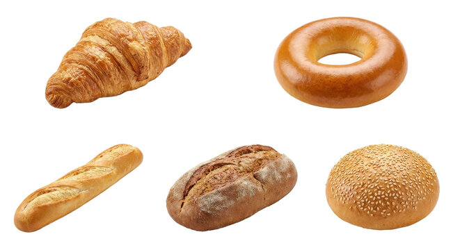 Collection of baked goods including croissant bagel baguette and buns isolated