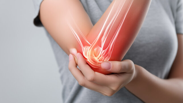 Woman holding a painful elbow with highlighted joint anatomy. Concept of elbow pain, injury, inflammation, arthritis, orthopedic healthcare, rehabilitation, treatment and medical diagnosis.
