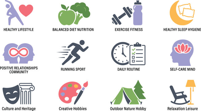 Flat healthy lifestyle and daily wellness routine vector icons set featuring nutrition exercise running sleep self care hobbies and outdoor nature recreation