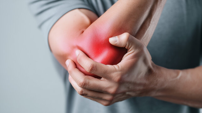 Close-up of hands holding a painful elbow with highlighted inflammation. Medical concept for joint pain, injury, arthritis, rehabilitation, orthopedic care and physical therapy.