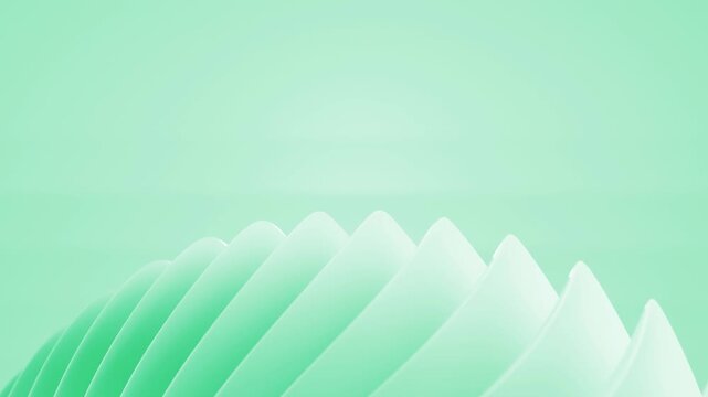 Abstract light blue 3D render loop featuring smooth curved overlapping geometric shell fins for modern futuristic soft green background
